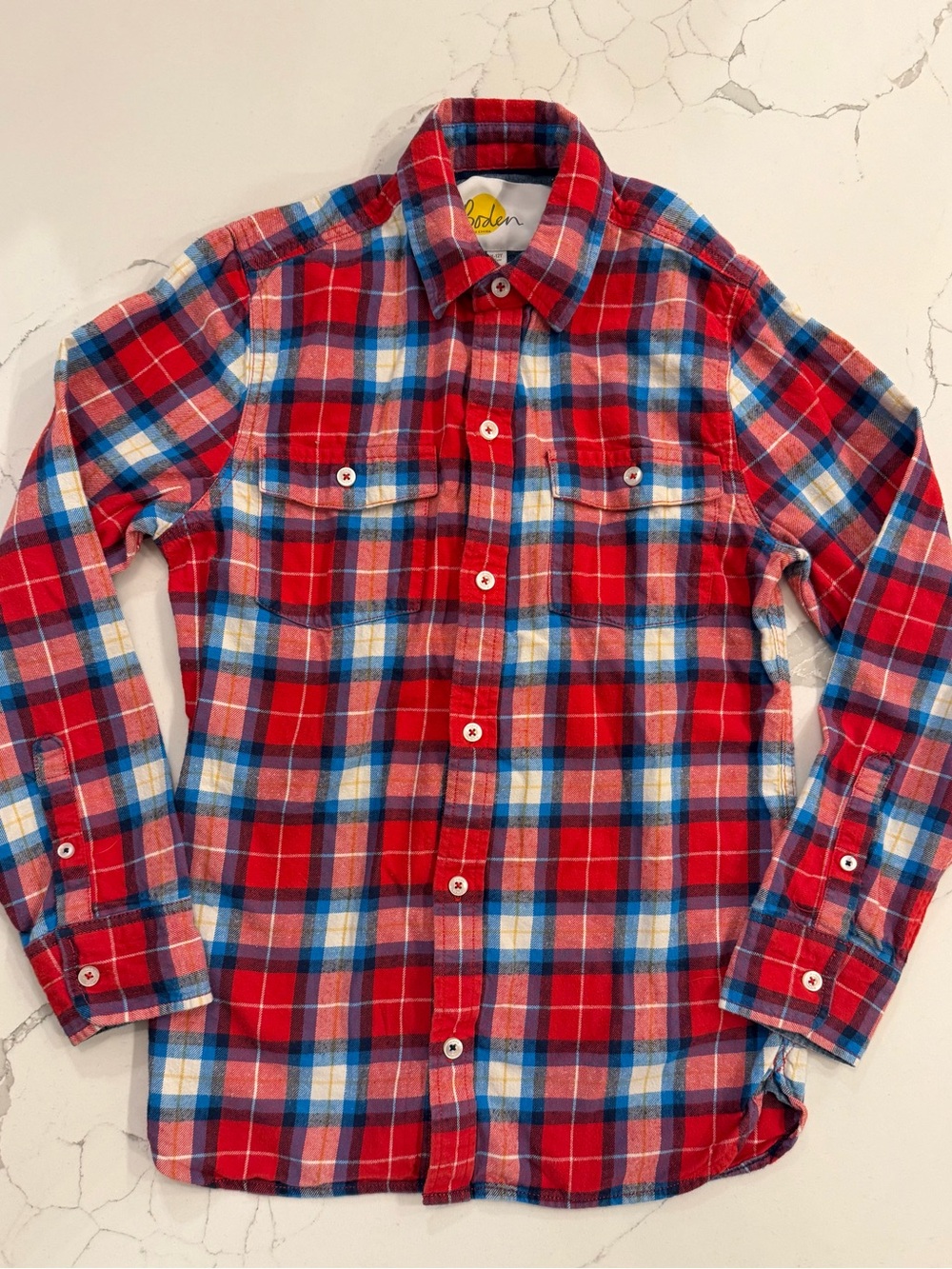 Boden Boys Red Blue Plaid Flannel Button Down Shirt 11-12Y